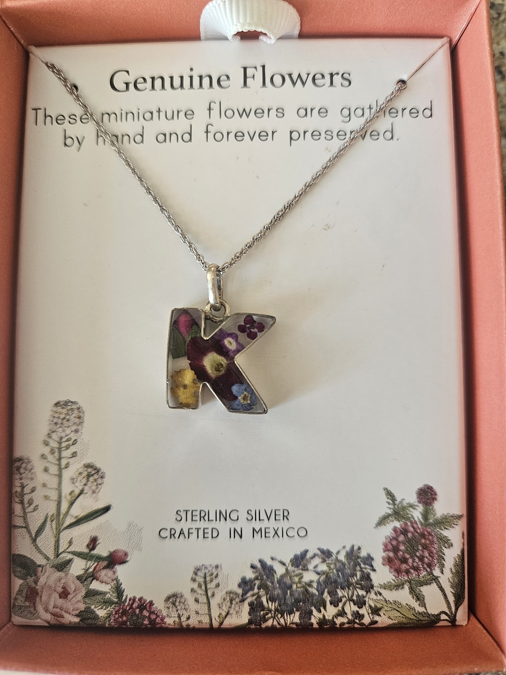 Sterling Silver 'K' Initial Necklace with Preserved Flowers - Multicolor
